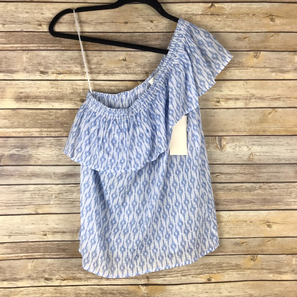 Two Vince Camuto Top Womens XS Blue Blouse One Shoulder Ruffle Cotton Geometric